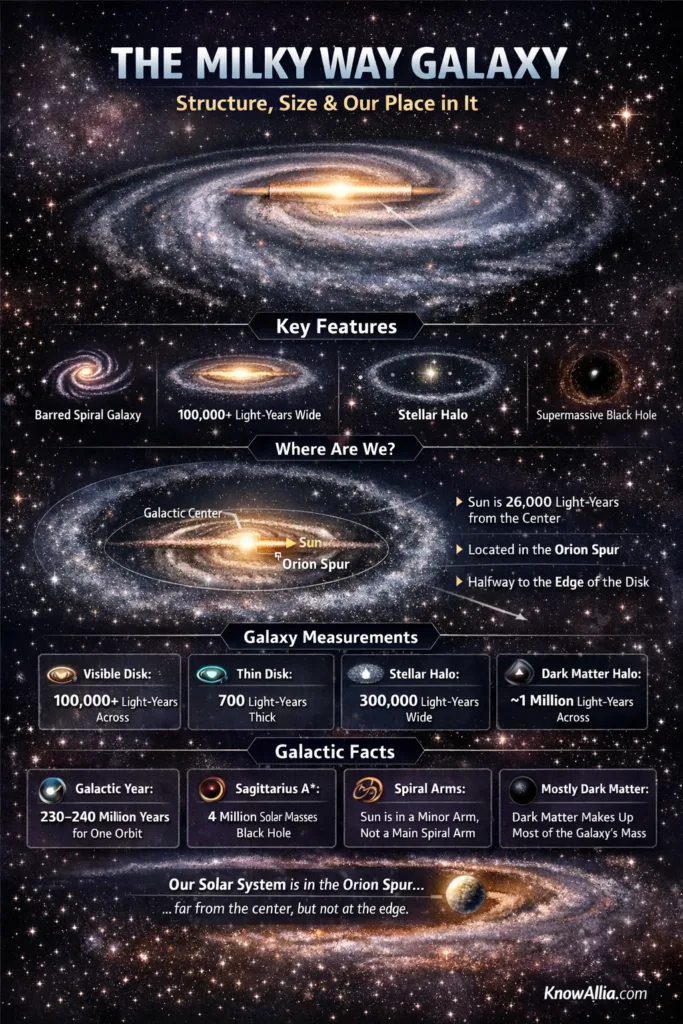 The infographic shows the Milky Way galaxy's spiral arms and a detailed size comparison with other galaxies.