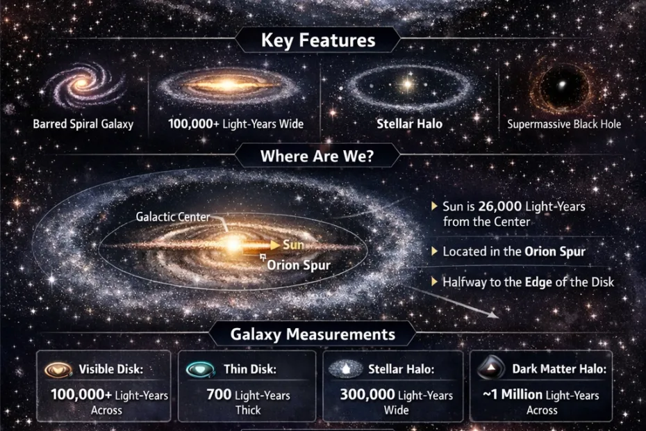 The infographic shows the Milky Way galaxy's spiral arms and a detailed size comparison with other galaxies.