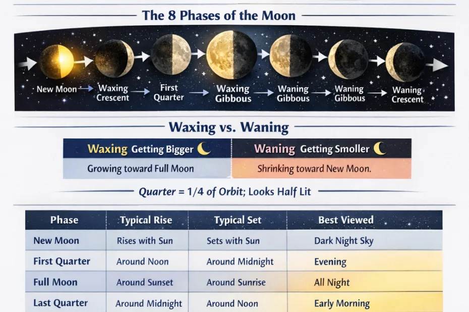 The infographic shows the moon's changing shape during its phases, including a full moon and crescent moon.