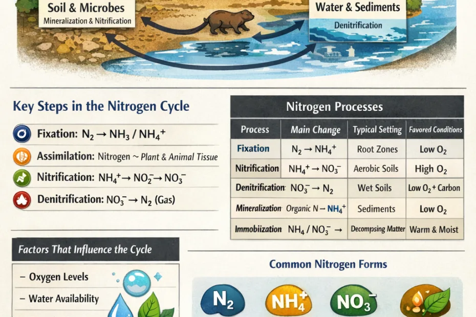 A diagram showing nitrogen movement through the ecosystem with arrows linking plants, soil, and bacteria.