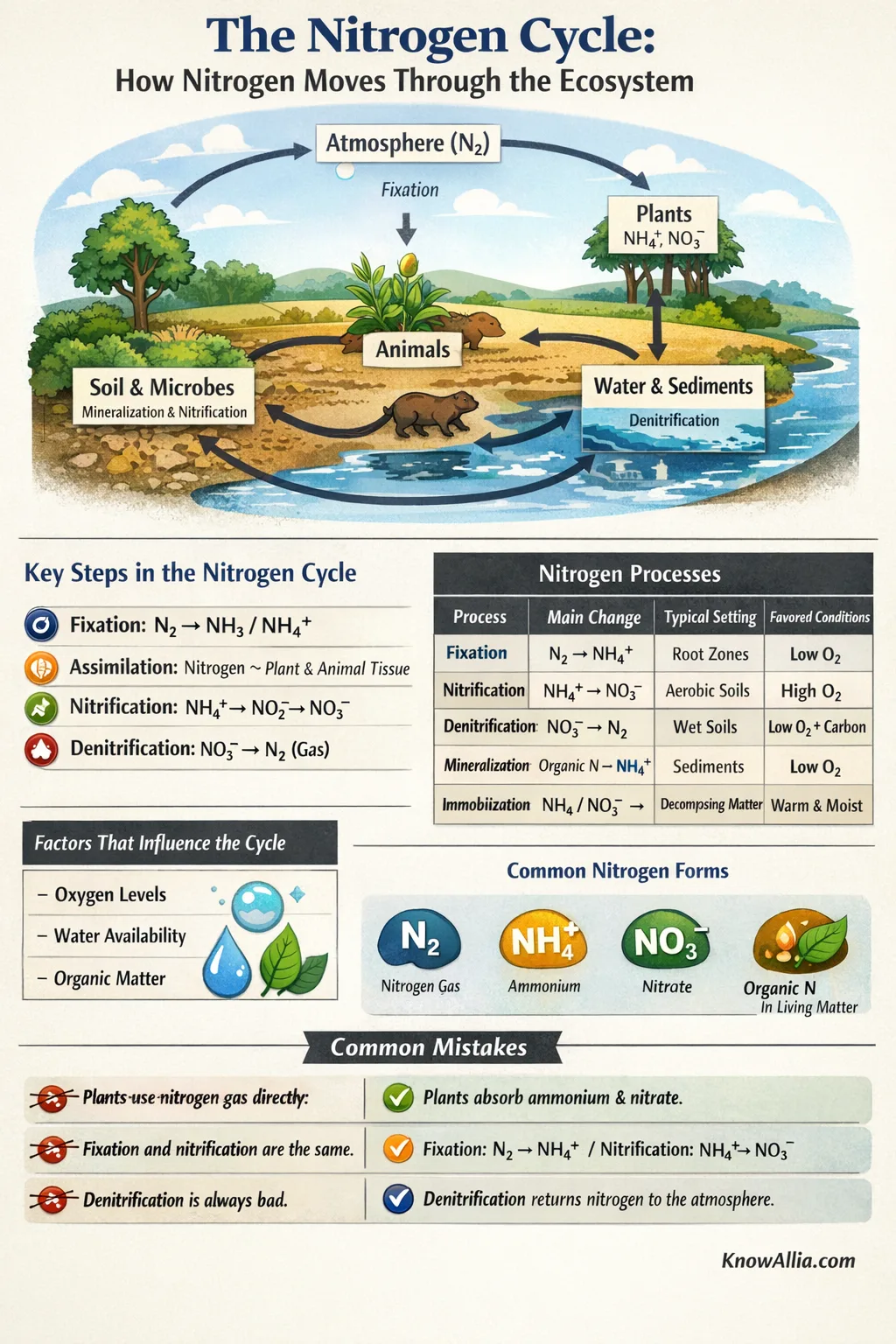A diagram showing nitrogen movement through the ecosystem with arrows linking plants, soil, and bacteria.