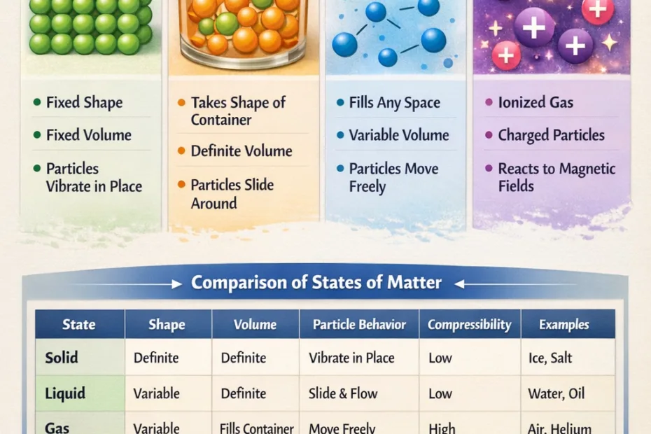 An infographic illustrating the states of matter with colorful representations of solid, liquid, gas, and plas…