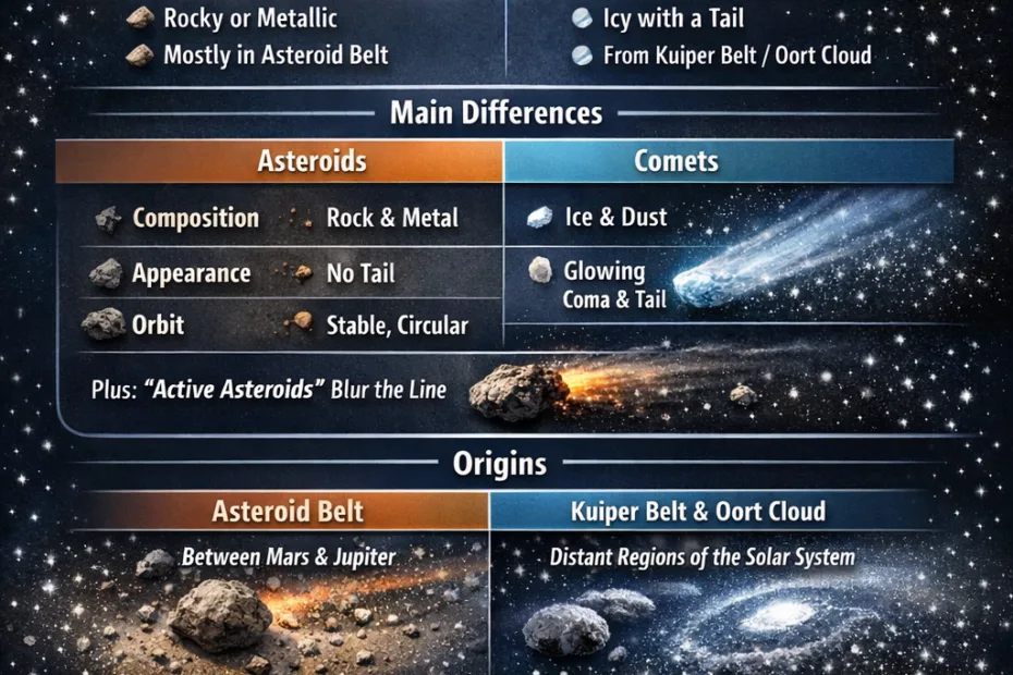 An infographic highlighting the main differences between comets and asteroids, featuring images of a comet with a tail and an aste…