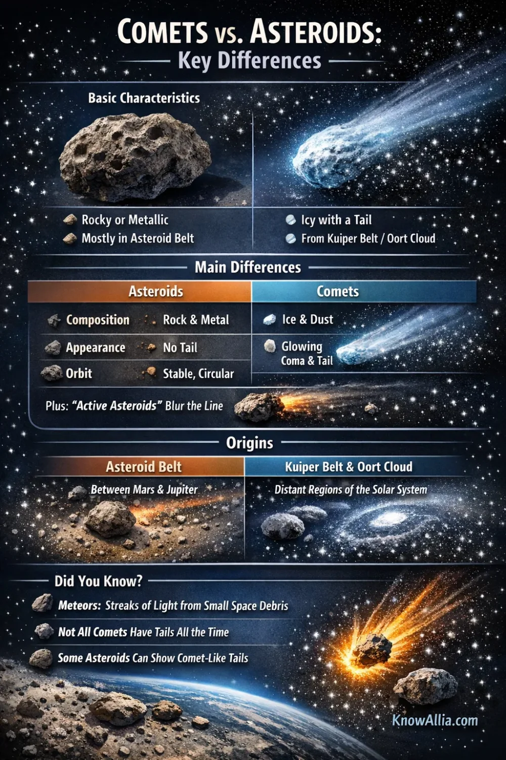 An infographic highlighting the main differences between comets and asteroids, featuring images of a comet with a tail and an aste…