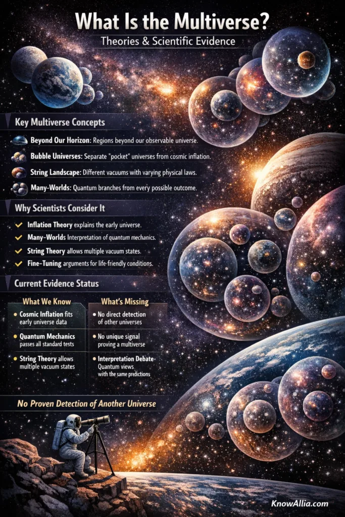 Multiple bubbles labeled with different universes float against a cosmic background illustrating the multiverse theory.
