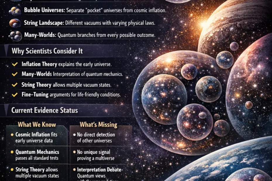 Multiple bubbles labeled with different universes float against a cosmic background illustrating the multiverse theory.