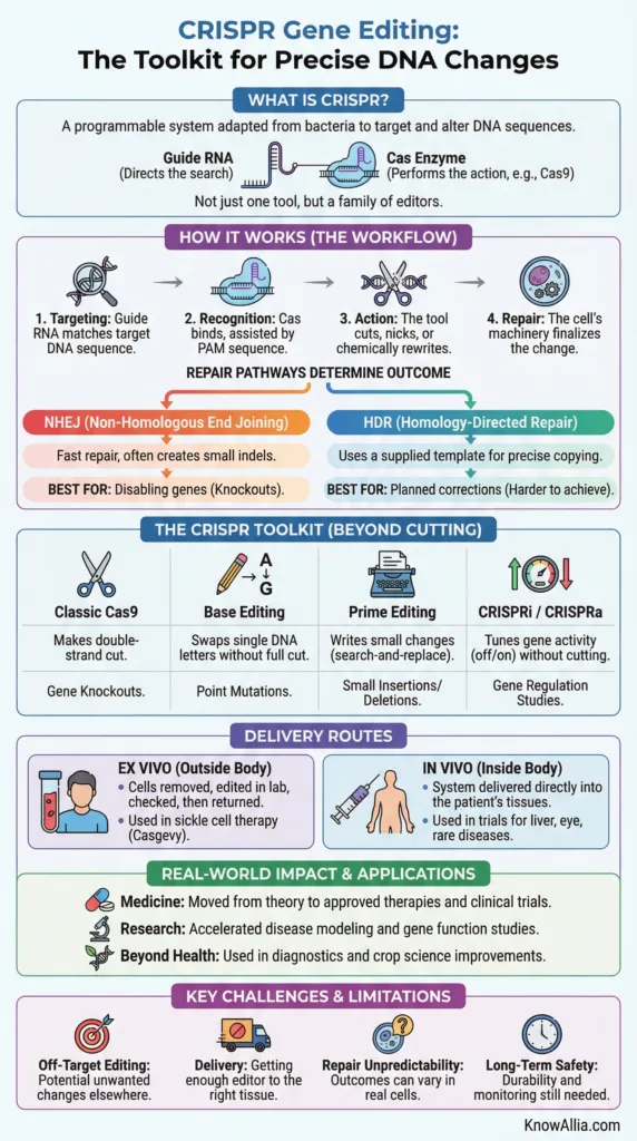 CRISPR gene editing explained, showing how the technology alters DNA with precision and potential applications.