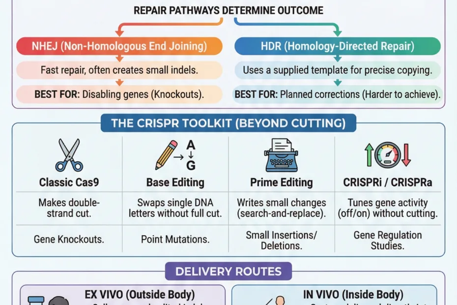 CRISPR gene editing explained, showing how the technology alters DNA with precision and potential applications.