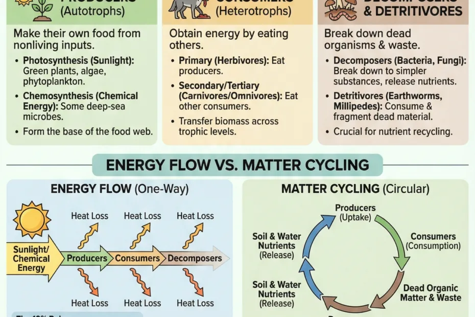 Ecosystems and food webs show how producers, consumers, and decomposers interact to sustain life in nature.