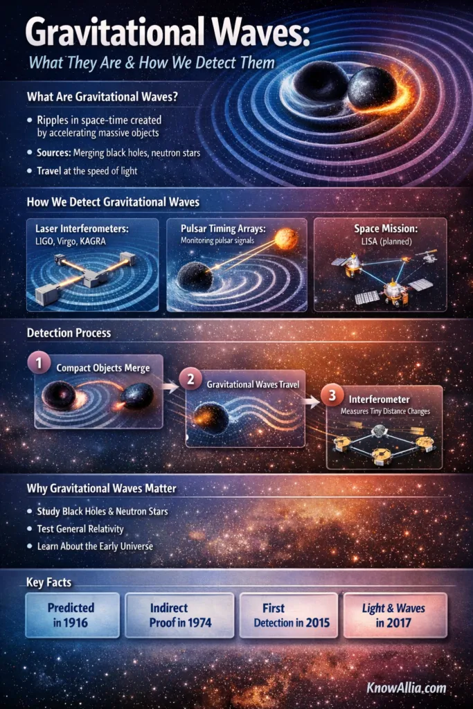 L-shaped detectors like LIGO observe ripples in spacetime caused by gravitational waves, shown as waves passing through Earth.