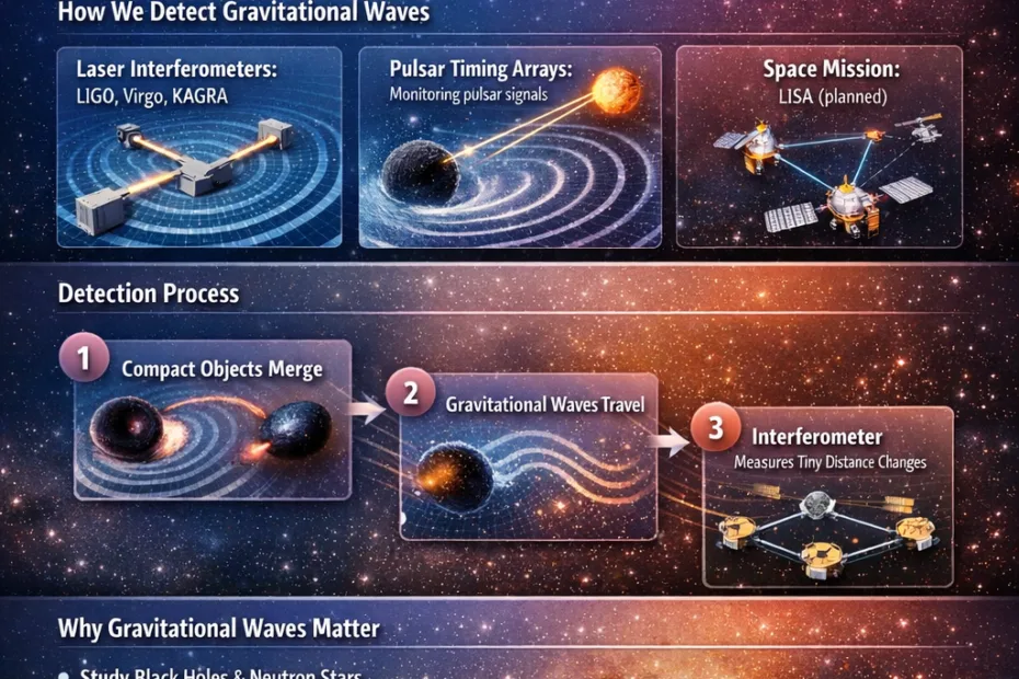 L-shaped detectors like LIGO observe ripples in spacetime caused by gravitational waves, shown as waves passing through Earth.
