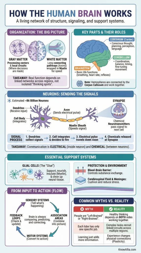A detailed infographic explains how the human brain works, including its structure, neurons, and key functions.