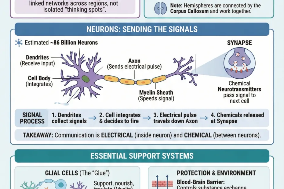 A detailed infographic explains how the human brain works, including its structure, neurons, and key functions.