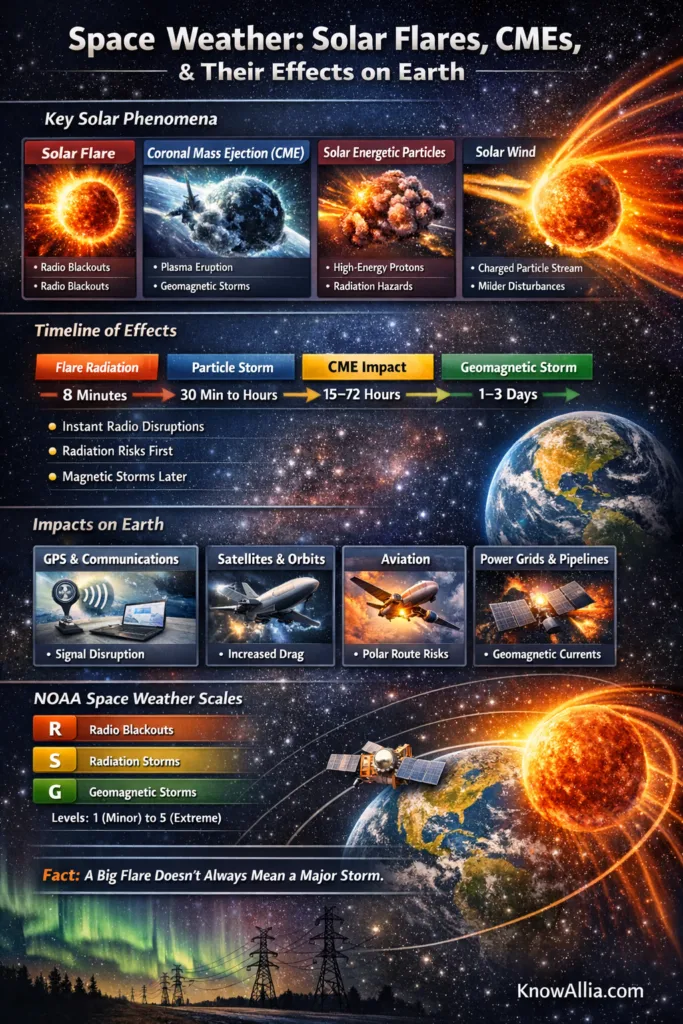 A graphic showing a solar flare erupting from the sun and a CME traveling toward Earth with planets in the background.