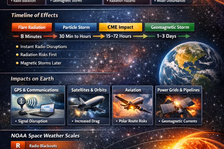 A graphic showing a solar flare erupting from the sun and a CME traveling toward Earth with planets in the background.