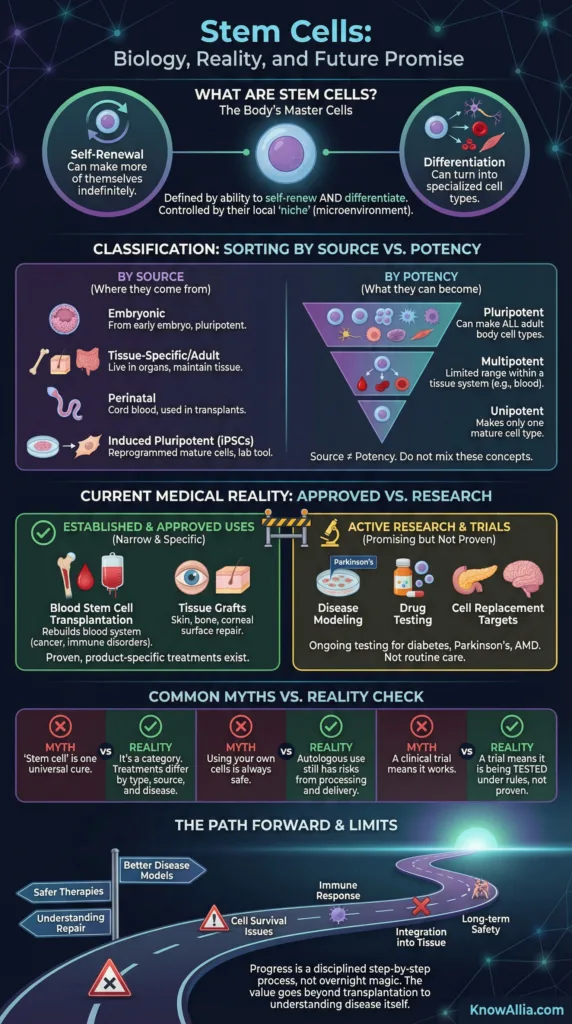 Stem cells types and function explained through an infographic highlighting their classifications and medical potential.
