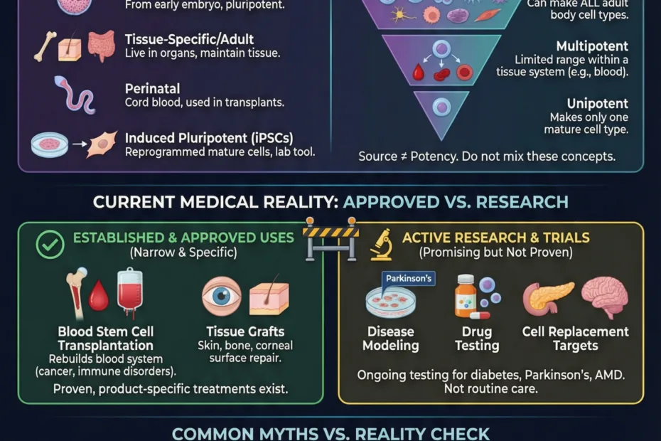 Stem cells types and function explained through an infographic highlighting their classifications and medical potential.