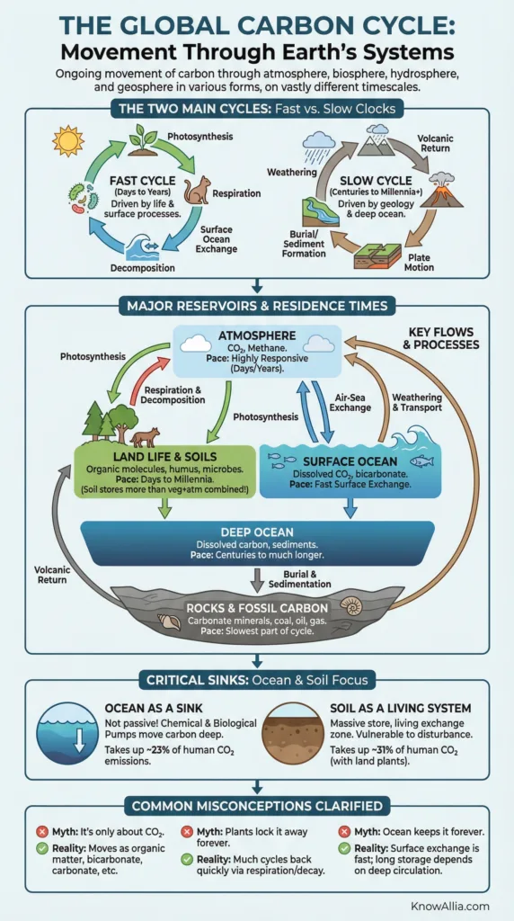The carbon cycle explained shows how carbon moves through Earth's atmosphere, land, oceans, and living things naturally.