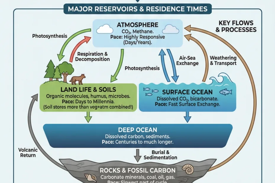 The carbon cycle explained shows how carbon moves through Earth's atmosphere, land, oceans, and living things naturally.