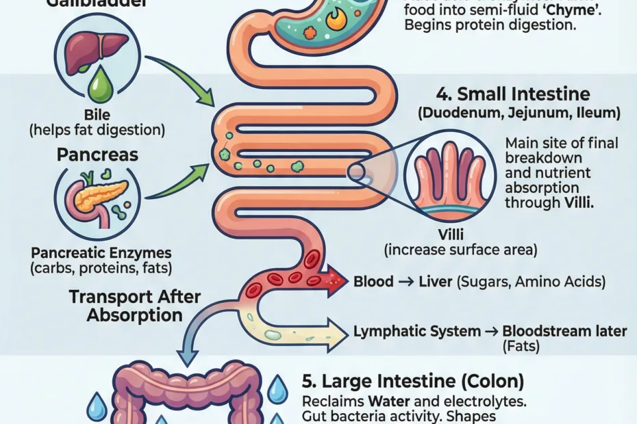 The human digestive system explained, showing how food moves through the stomach, small intestine, and large intestine for digesti…