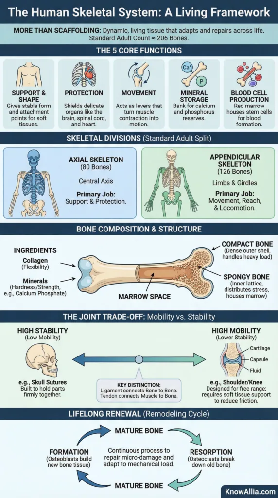 The human skeletal system explained, showing bones, joints, and their key functions in providing structure and support.
