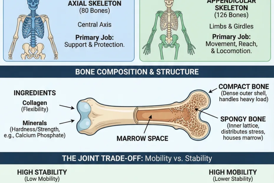 The human skeletal system explained, showing bones, joints, and their key functions in providing structure and support.