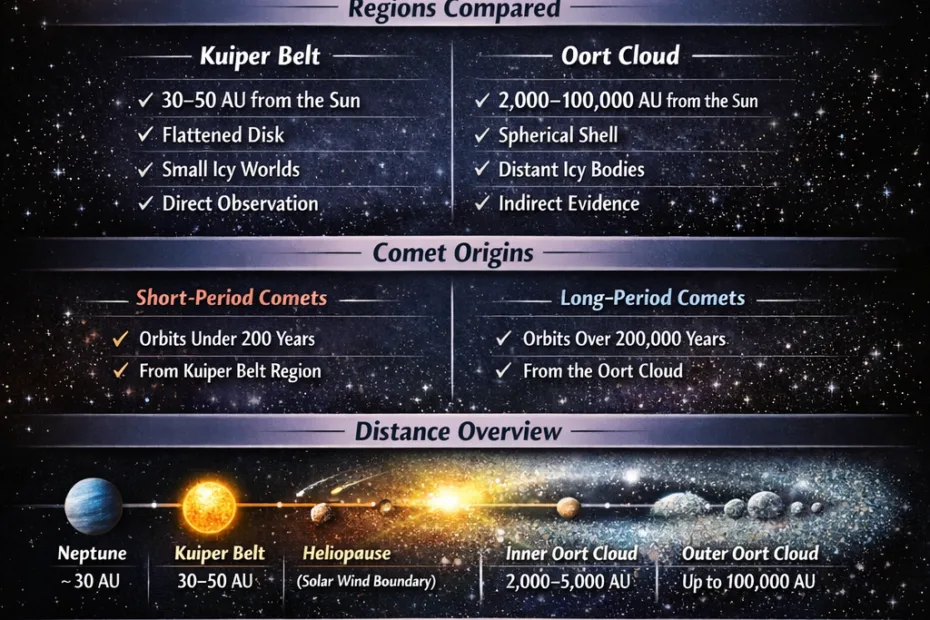 The Oort Cloud and Kuiper Belt infographic shows the distant regions of the solar system with a depiction of the Kuiper Belt's icy…