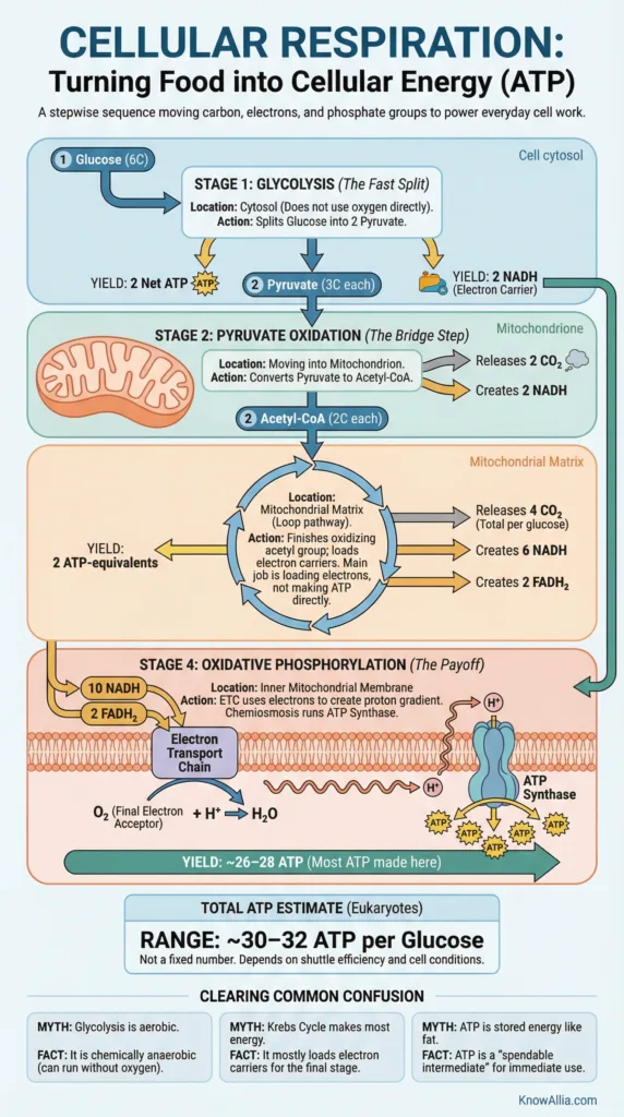 Cellular respiration explained through the process of ATP production, glycolysis, and the Krebs cycle in this detailed infographic…