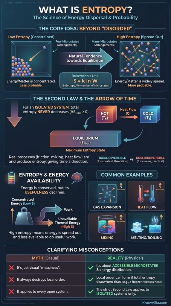 What is entropy explained as a concept of disorder and irreversibility in science, shown through examples of energy and randomness…