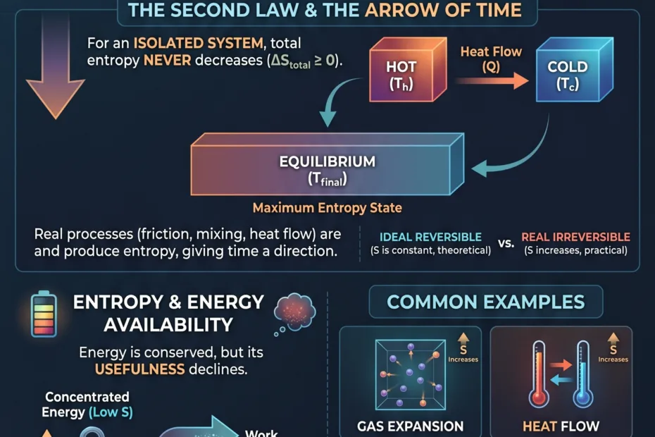 What is entropy explained as a concept of disorder and irreversibility in science, shown through examples of energy and randomness…