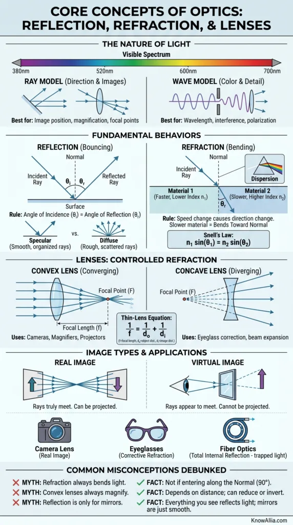 Optics and light concepts like reflection, refraction, and lenses explain how light interacts in everyday situations.