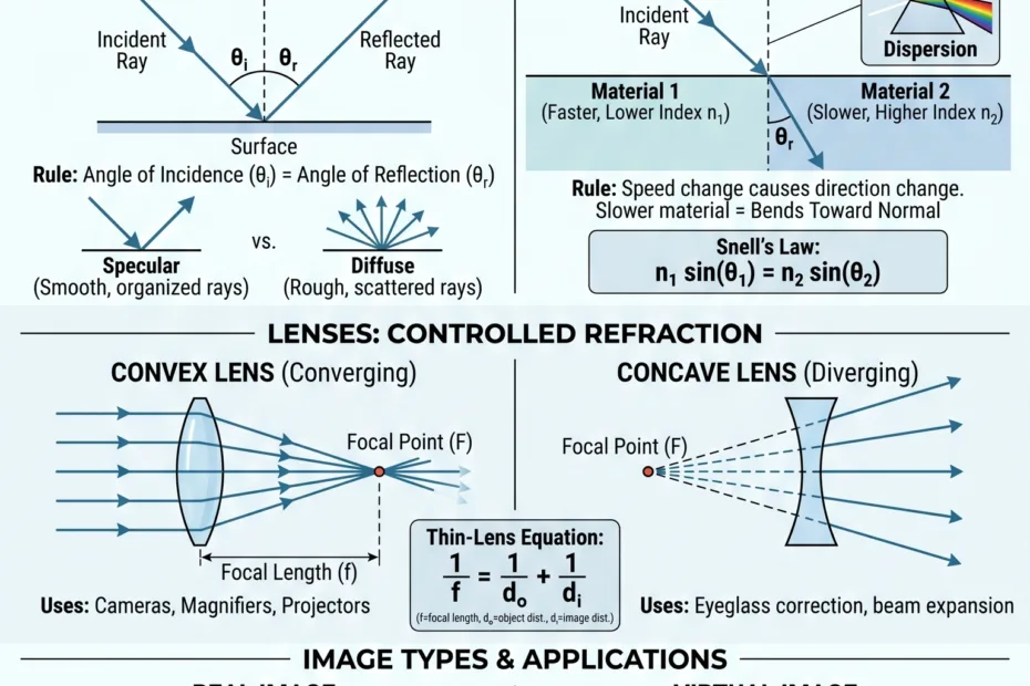 Optics and light concepts like reflection, refraction, and lenses explain how light interacts in everyday situations.