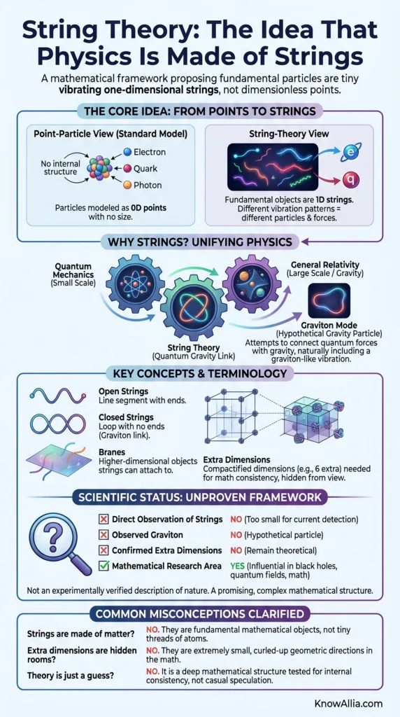 String theory explained, illustrating how physics may be based on tiny vibrating strings rather than point particles