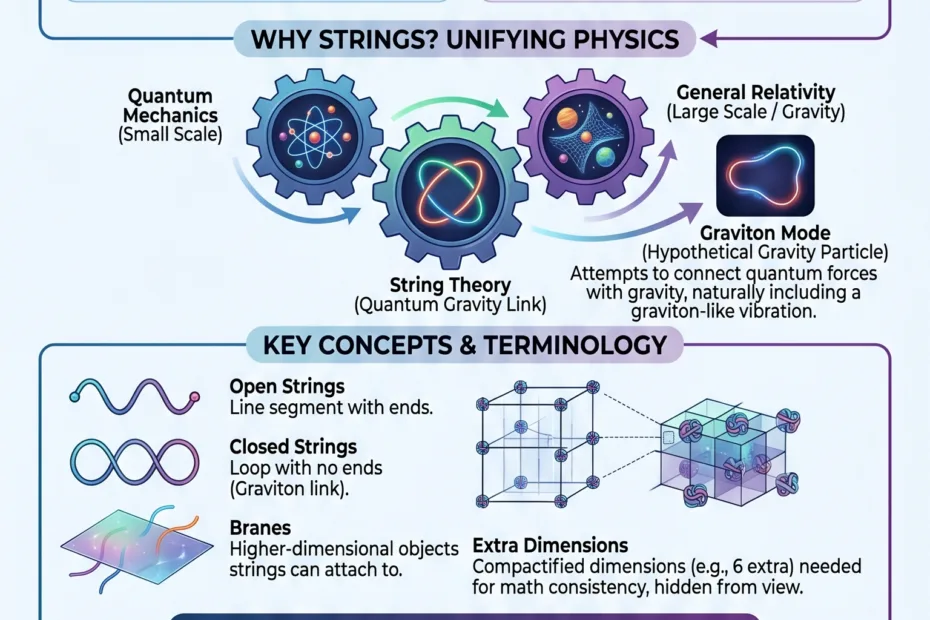 String theory explained, illustrating how physics may be based on tiny vibrating strings rather than point particles