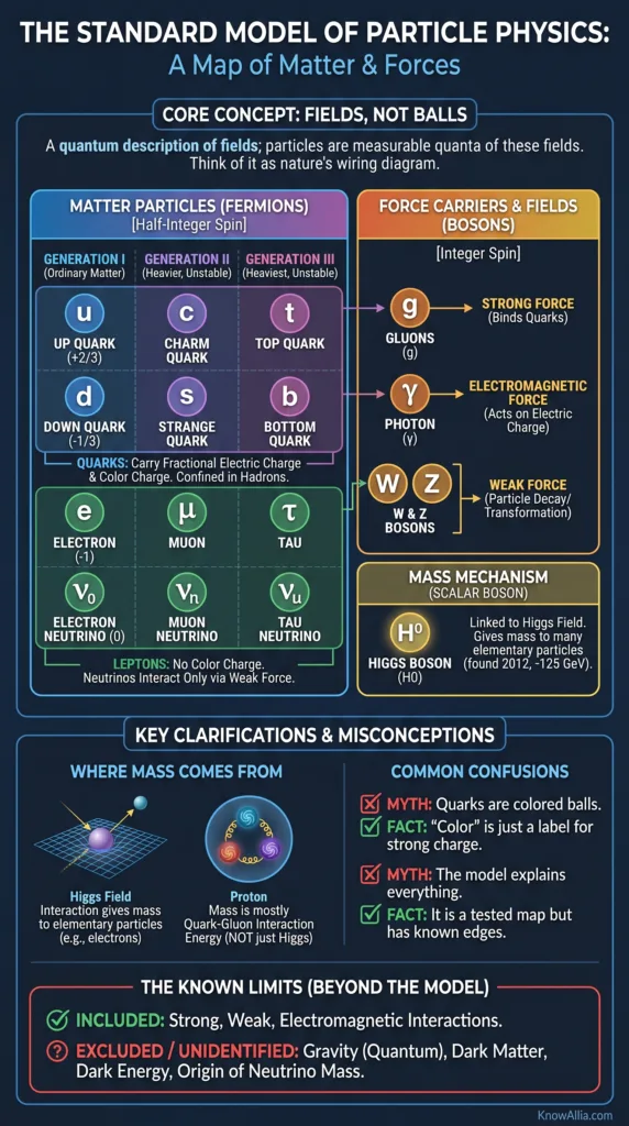 The Standard Model of Particle Physics Quarks, Bosons, and Beyond infographic