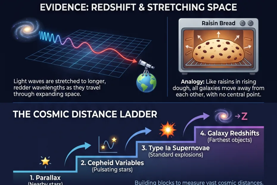 Hubble's Law explains how the expanding universe shows galaxies moving away from each other.
