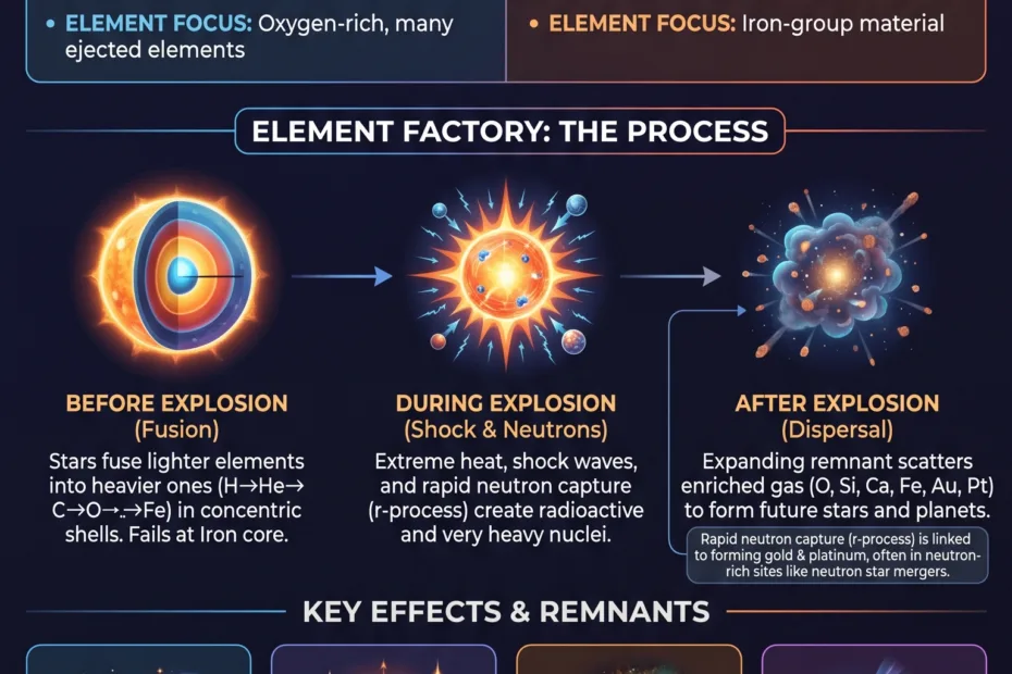 Supernovae explained: how massive stars explode and forge heavy elements in space during these dramatic cosmic events.