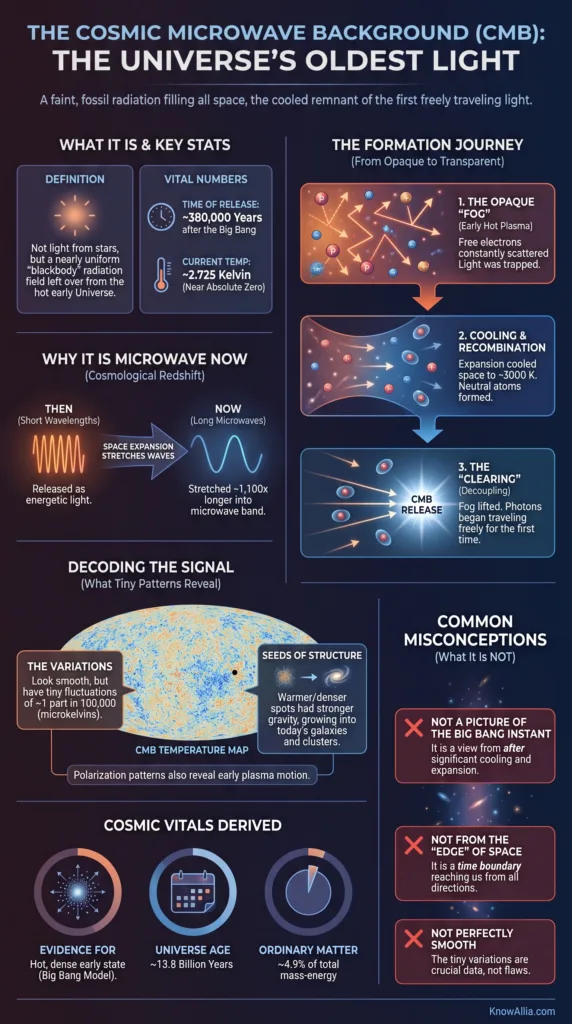 Discover the cosmic microwave background explained as the universe's oldest light providing clues about its origins.