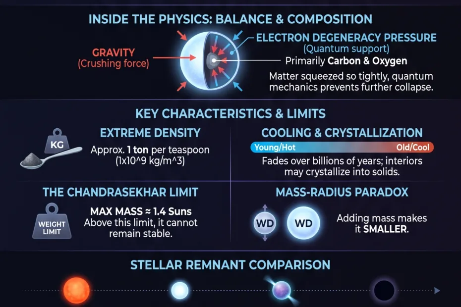 White dwarfs explained as dense remnants of Sun-like stars with unique core and cooling properties in space.