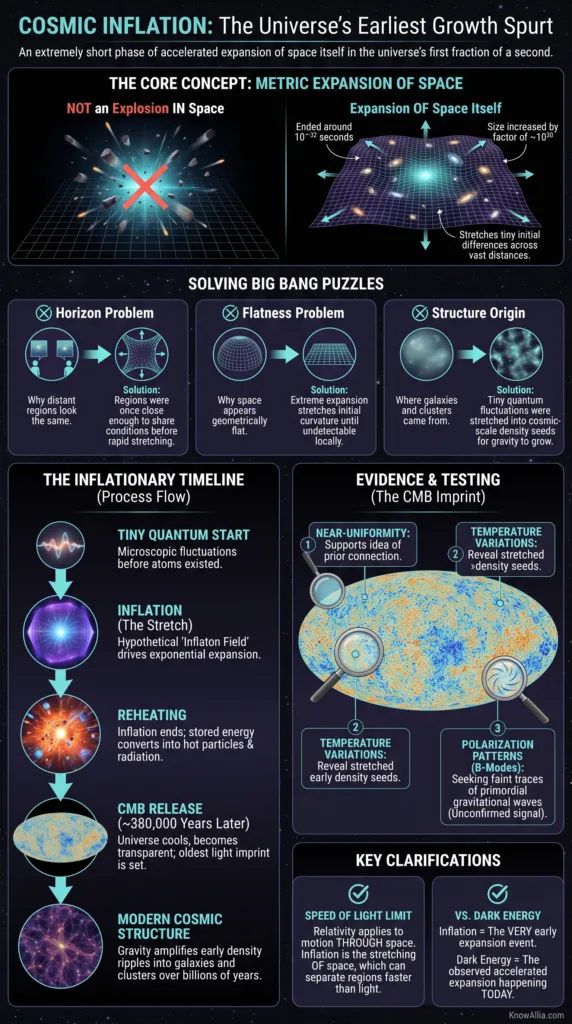 Cosmic inflation explained as the universe's earliest growth spurt, illustrating rapid expansion moments after the Big Bang.