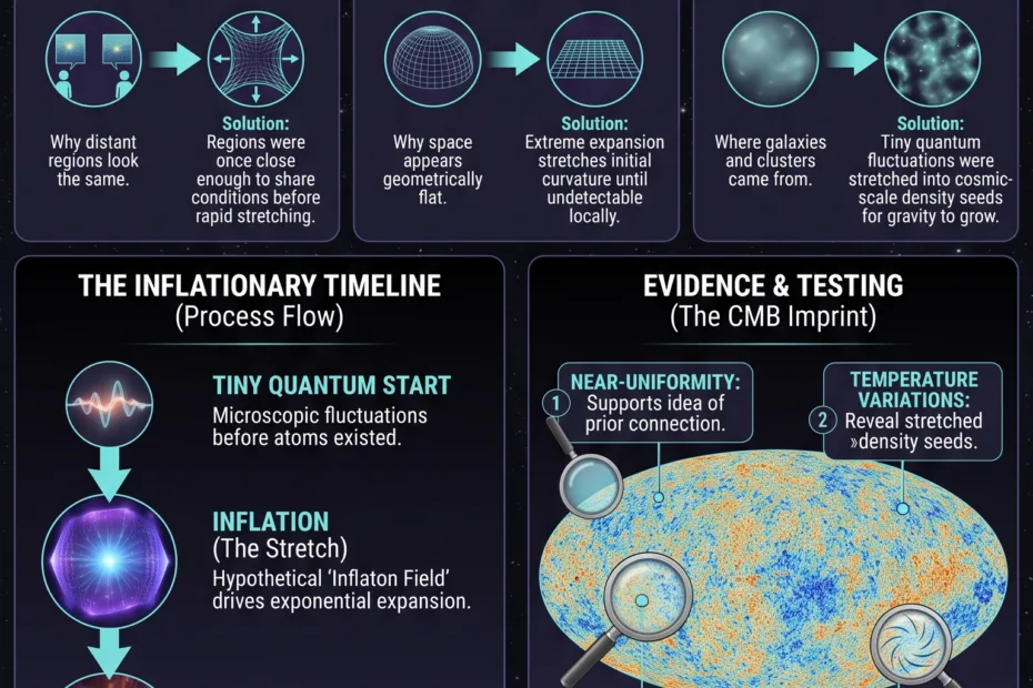 Cosmic inflation explained as the universe's earliest growth spurt, illustrating rapid expansion moments after the Big Bang.