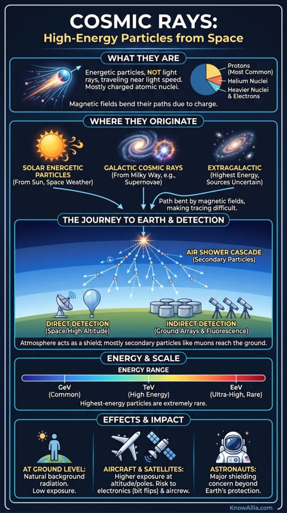 Cosmic rays explained as high-energy particles from space and their journey to Earth's atmosphere.