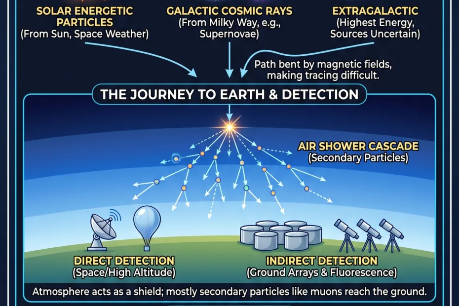 Cosmic rays explained as high-energy particles from space and their journey to Earth's atmosphere.