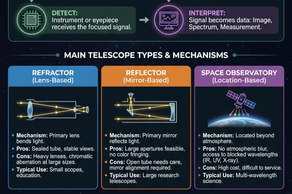 A visual guide explaining how telescopes work, including refractors, reflectors, and space observatories for better understanding…