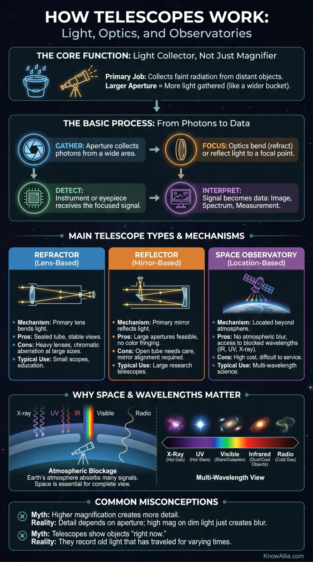 A visual guide explaining how telescopes work, including refractors, reflectors, and space observatories for better understanding…