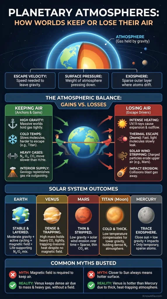 Planetary atmospheres explained, showing how different worlds retain or lose their air over time.