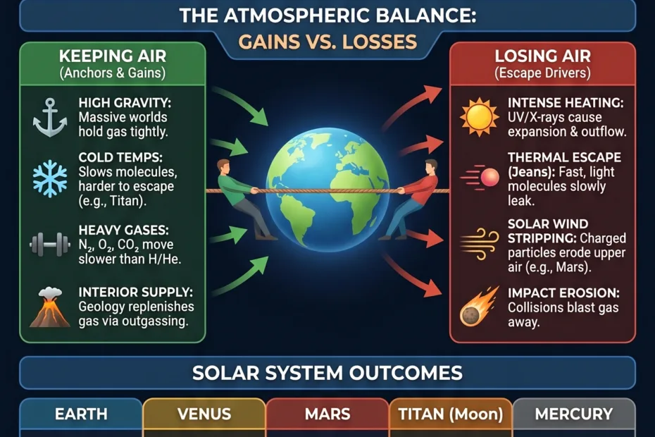 Planetary atmospheres explained, showing how different worlds retain or lose their air over time.