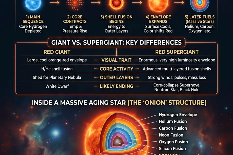 Red giants and supergiants are massive stars in their final stages, showcasing distinct structures and glowing cores.