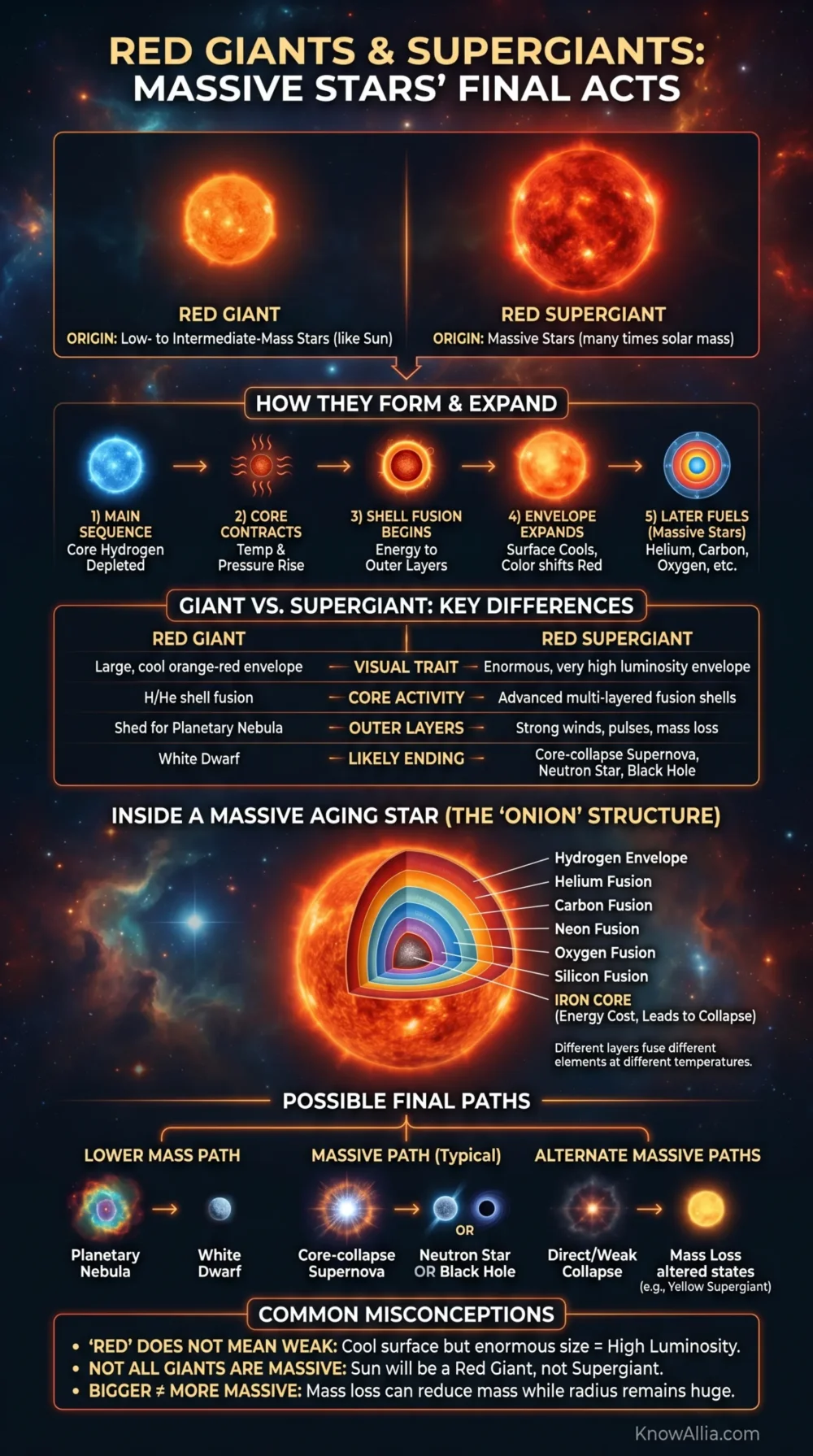 Red giants and supergiants are massive stars in their final stages, showcasing distinct structures and glowing cores.