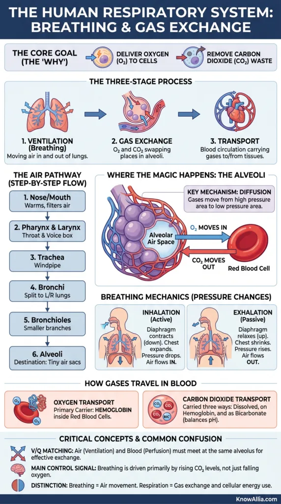 The human respiratory system explained how breathing and gas exchange occur in the lungs and alveoli for efficient oxygen intake.